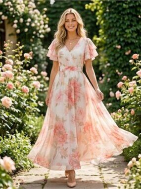 Floral Chiffon Maxi Dress V-Neck Flutter Sleeve Dress